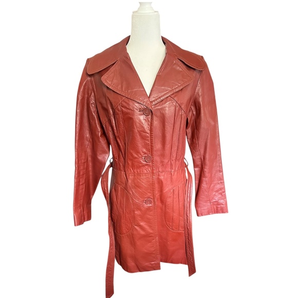 Vintage Dark Orange Leather Longline Trench Coat 70's Chic - Picture 8 of 10